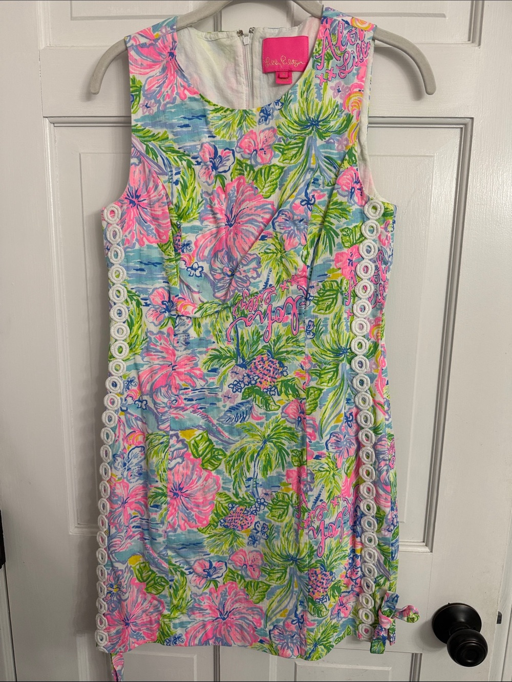 Lilly Pulitzer Pink, Blue & Green Tropical Shift Dress with White Trim